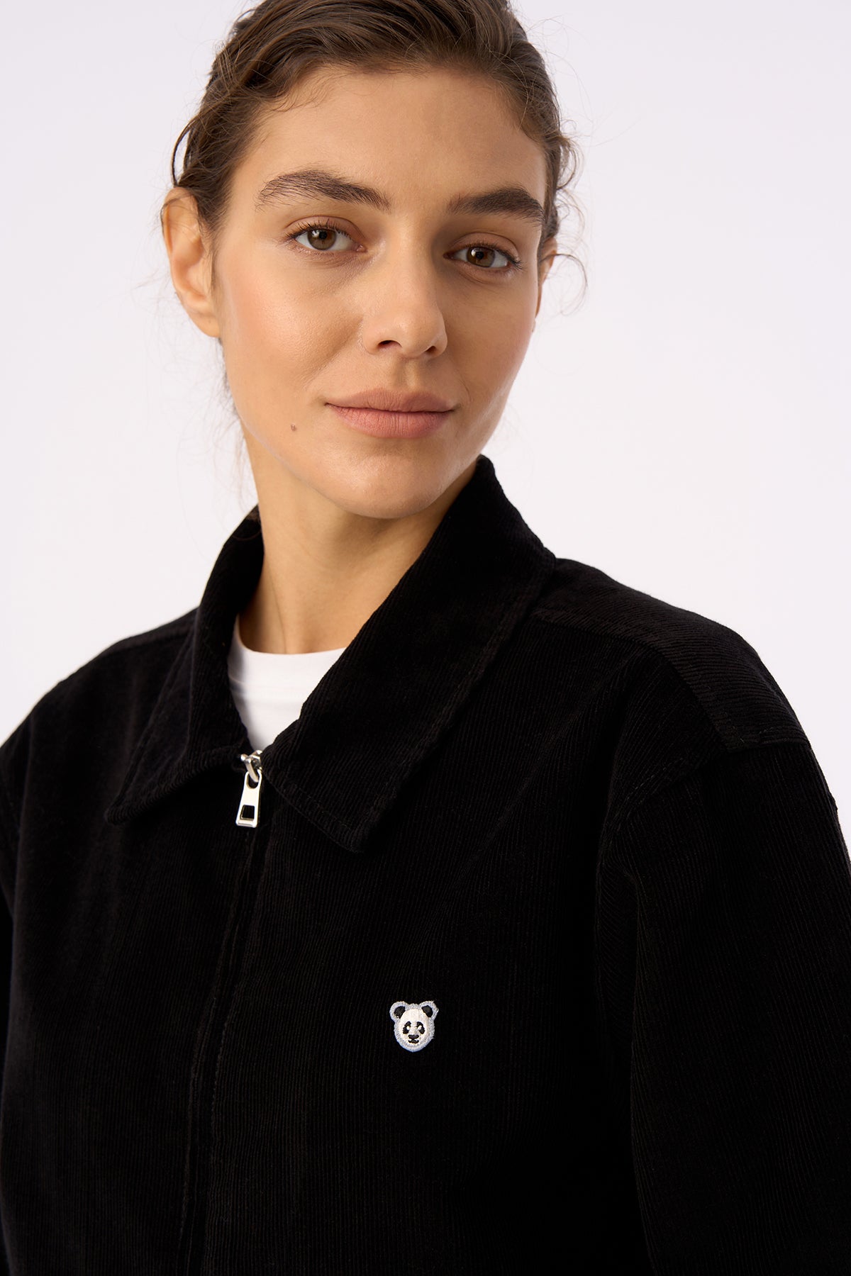 Panda Full-Zip Kadife Ceket - Siyah