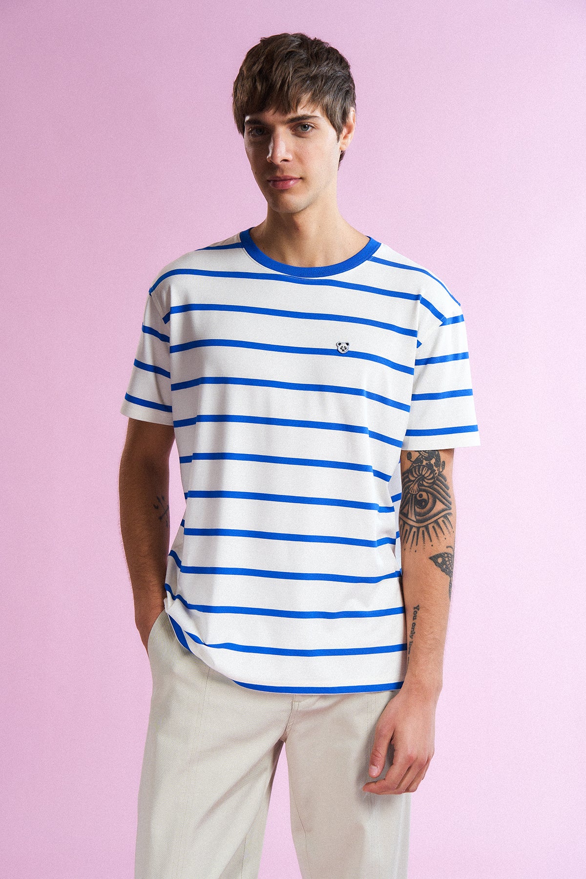 Panda Çizgili T-Shirt - Saks/Bej