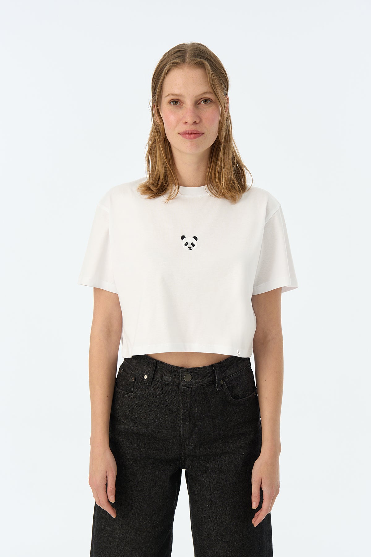 Panda Light-Weight Crop T-Shirt  - Beyaz